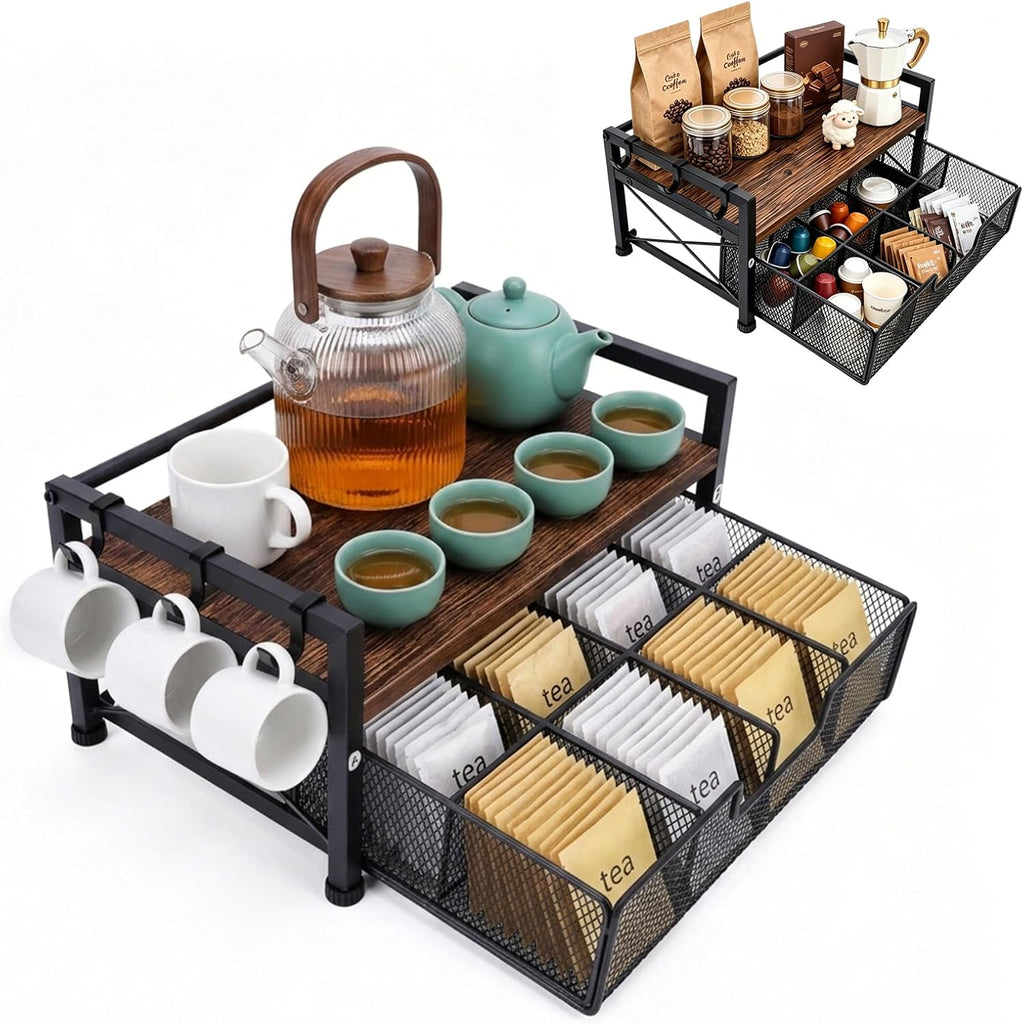 Tea Bag Coffee Bar Organizer,Teabag Holder & Coffee Station with Storage Drawer,Wood Tea Station Chest Display Container Box for Countertop Kitchen (Rustic Brown)