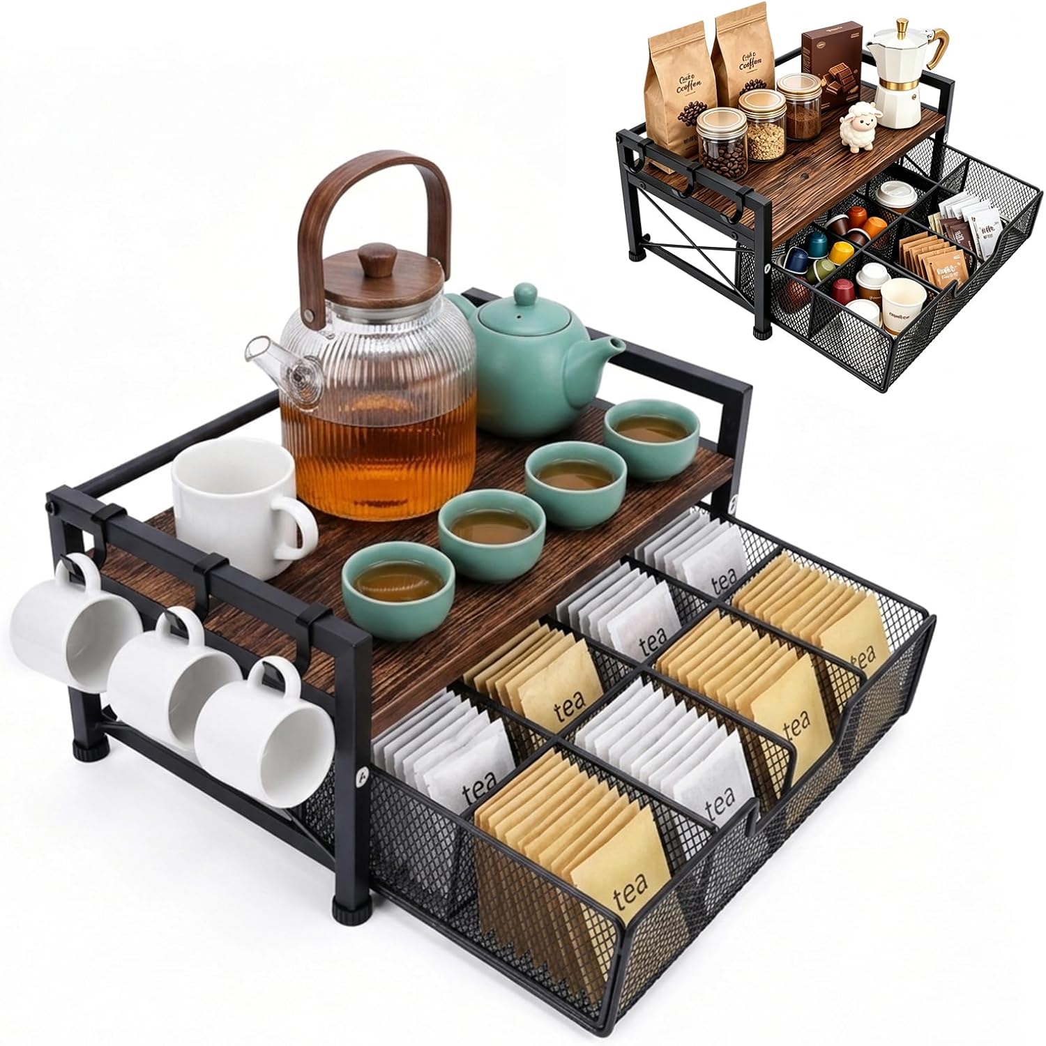 Tea Bag Coffee Bar Organizer,Teabag Holder & Coffee Station with Storage Drawer,Wood Tea Station Chest Display Container Box for Countertop Kitchen (Rustic Brown)