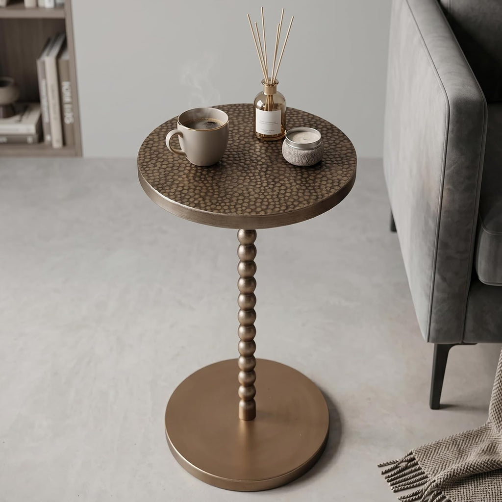 COVLON Drink Table, Small Round Pedestal Side Table, Martini Table for Small Spaces, Gold Accent End Table with Hammered Top, Plant Stand for Living Room, Bedroom, Bathroom, Easy Assembly