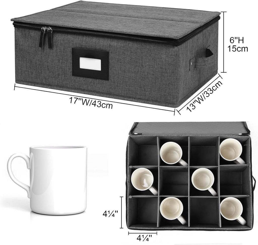 Mug Storage Box with Dividers, China Cup Storage Containers For Tea Cups | Coffee Mugs Storage Box with Zipper Lid and Rivet Reinforced Handles, Hard Shell and Stackable (Black)
