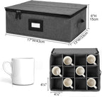 Mug Storage Box with Dividers, China Cup Storage Containers For Tea Cups | Coffee Mugs Storage Box with Zipper Lid and Rivet Reinforced Handles, Hard Shell and Stackable (Black)