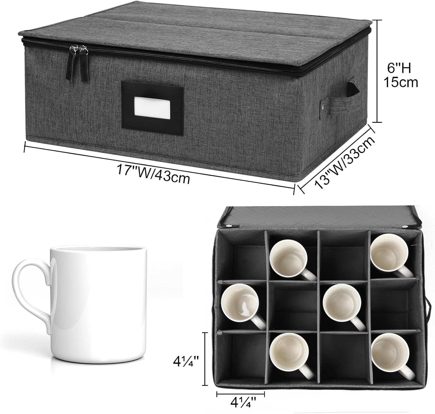 Mug Storage Box with Dividers, China Cup Storage Containers For Tea Cups | Coffee Mugs Storage Box with Zipper Lid and Rivet Reinforced Handles, Hard Shell and Stackable (Black)