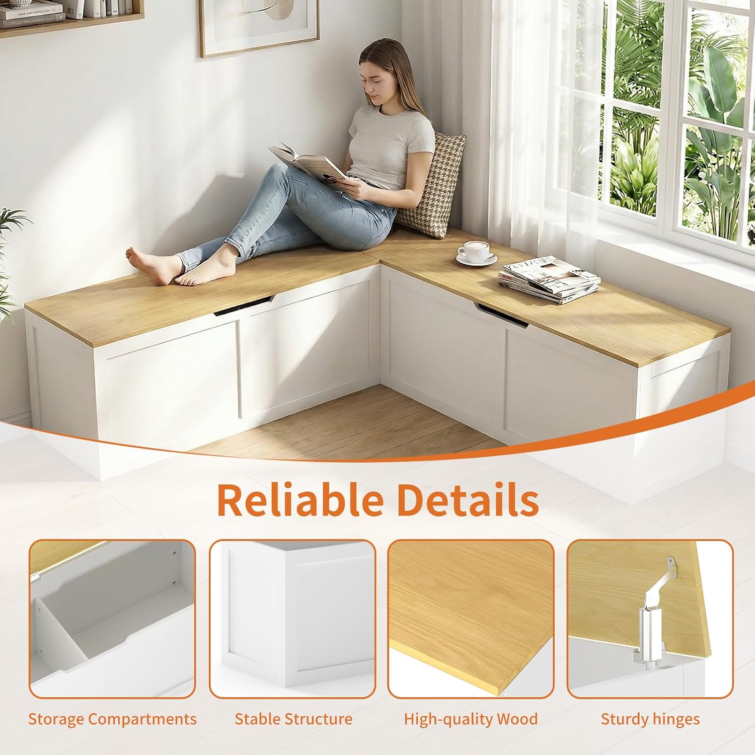 Zevemomo 63" L Shaped Storage Bench, White Breakfast Nook Benches, Corner Storage Bench with Hidden Storage for Dining Room, Kitchen, Entryway