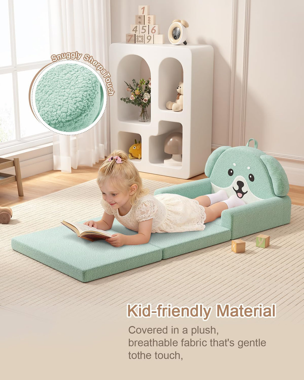 YACODAVO 2-in-1 Kids Couch, Soft Toddler Couch Fold Out for Girl and Boys, Dog Design Foldable Kids Sofa to Lounger, Convertible Kids Chairs Comfy, Gift for Birthday, Children's Day, Green