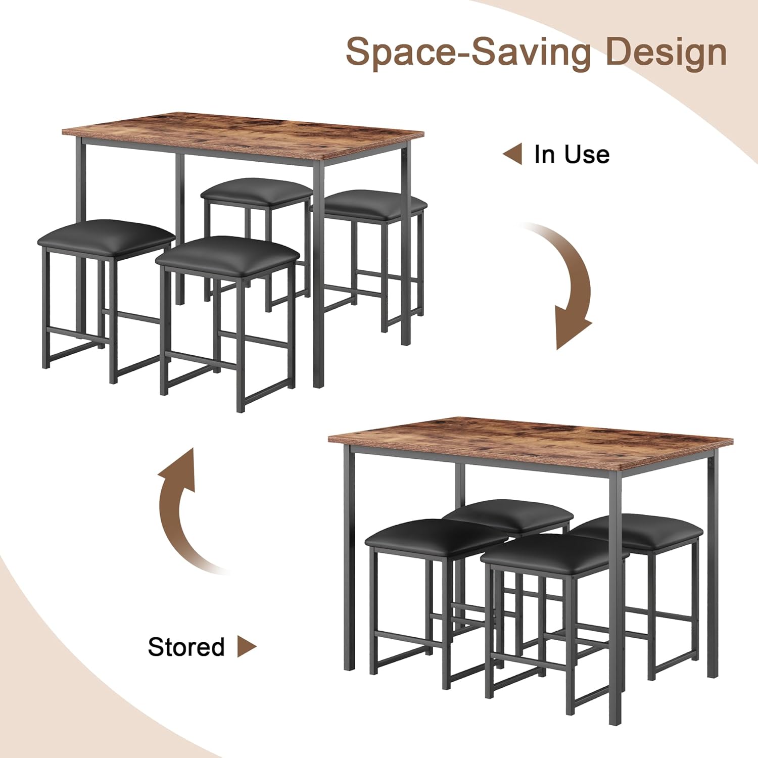 VECELO Kitchen Table and Chairs for 4, Dining Room Set with PU Chairs/Stools, Heavy-Duty Metal Frame, Wooden Tabletop, Space-Saving Design for Small Spaces, Easy Assembly, Walnut Brown
