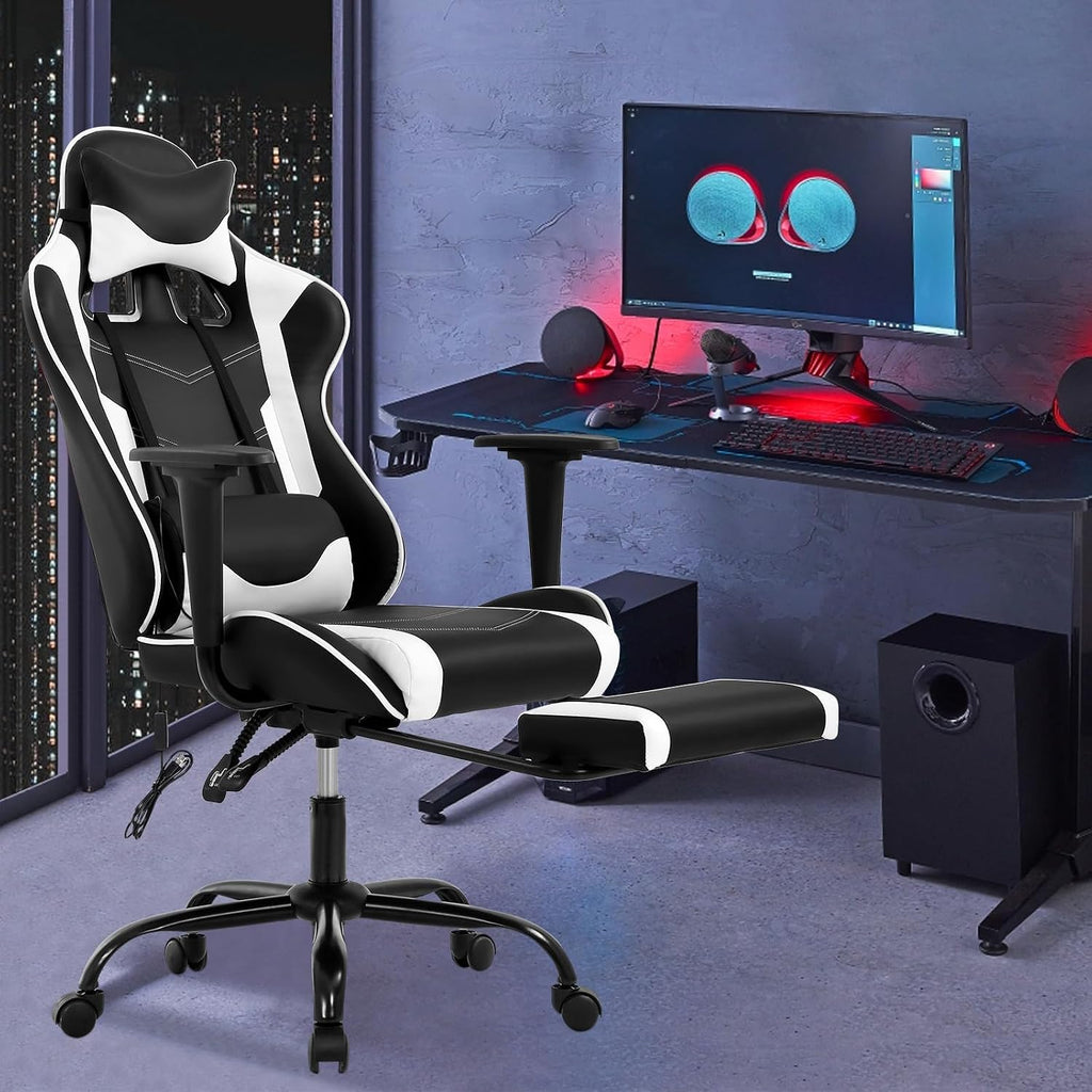 PC Gaming Chair Ergonomic Racing Office Chair Video Game Chair, Massage Function Lumbar Support with Arms Footrest & Headrest Nice Chic Desk Chair, Adjustable Home Office Chair - White