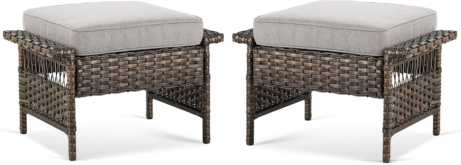 Patio Ottomans 2 Piece Outdoor Wicker Ottomans PE Rattan Footrest with Thickened Cushions Footstools for Garden Sunroom Deck Porch Balcony Poolside, Ottomans(2PCS), Brown|Beige