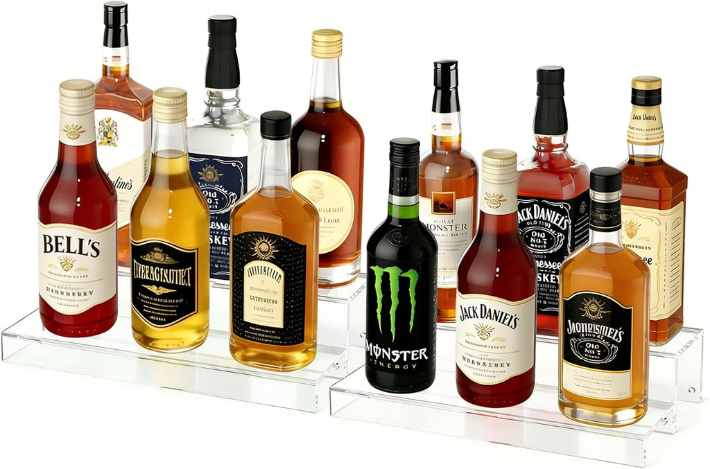 JUESHA 2 Tiers Bar Shelves for Liquor Bottles, 15" Bar Organizer for Countertop, Clear Acrylic Risers Display Racks Stands for Figures Pops Cupcake Perfume Collections (Patent: D1076520S)