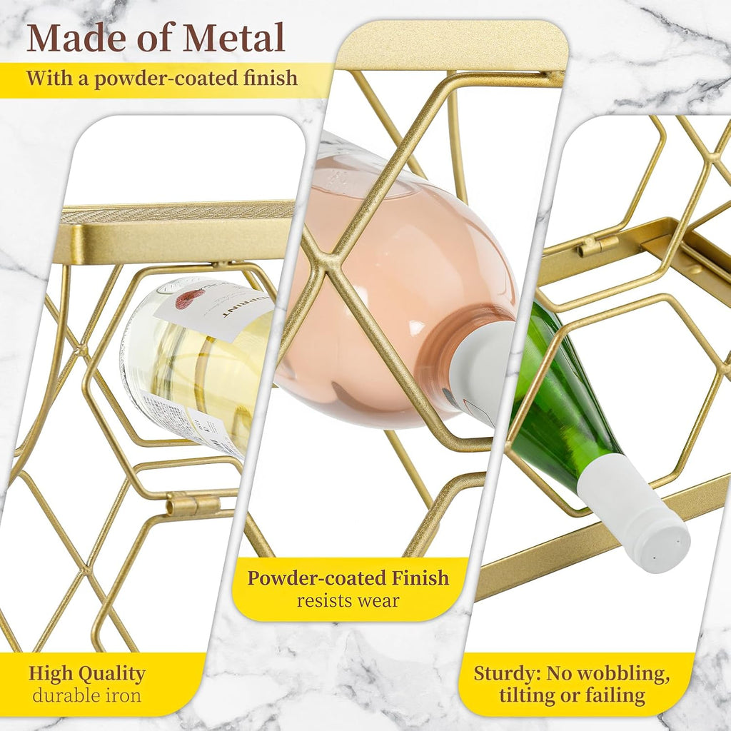 Countertop Wine Rack Organizer - Holds 6 Oversized Bottles & 4 Glasses | Freestanding Small Metal Bottle Holder, Perfect for Home Décor, Kitchen Storage and Cabinet | No Assembly（Gold）