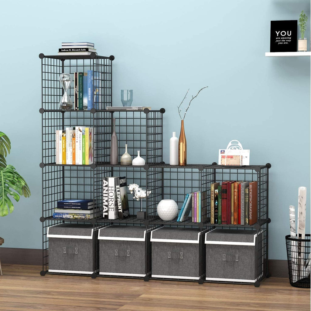 HUBSON Wire Cube Storage Organizer, Book/Toy/Craft/Potted Plants and petCloset Organizers and Storage Shelves, 12-Cube Freely Combinable Metal Grids Storage Shelf,Black Plus Iron