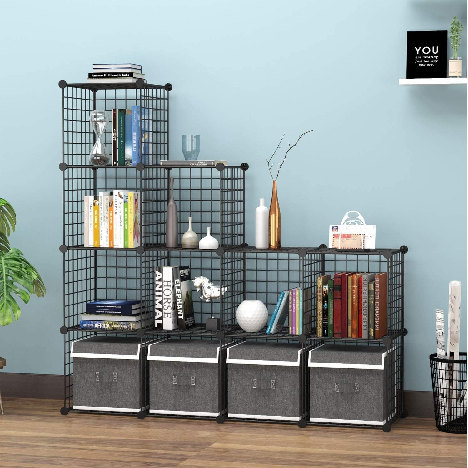 HUBSON Wire Cube Storage Organizer, Book/Toy/Craft/Potted Plants and petCloset Organizers and Storage Shelves, 12-Cube Freely Combinable Metal Grids Storage Shelf,Black Plus Iron