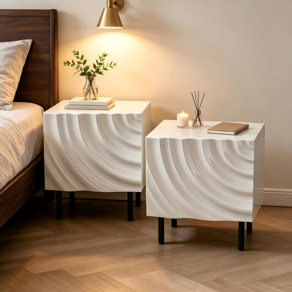 Nightstand Set of 2, Unique Design Side Table Set, Small Bedside Accent Table with Storage and 4 Metal Legs for Bedroom,Living Room and Small Spaces