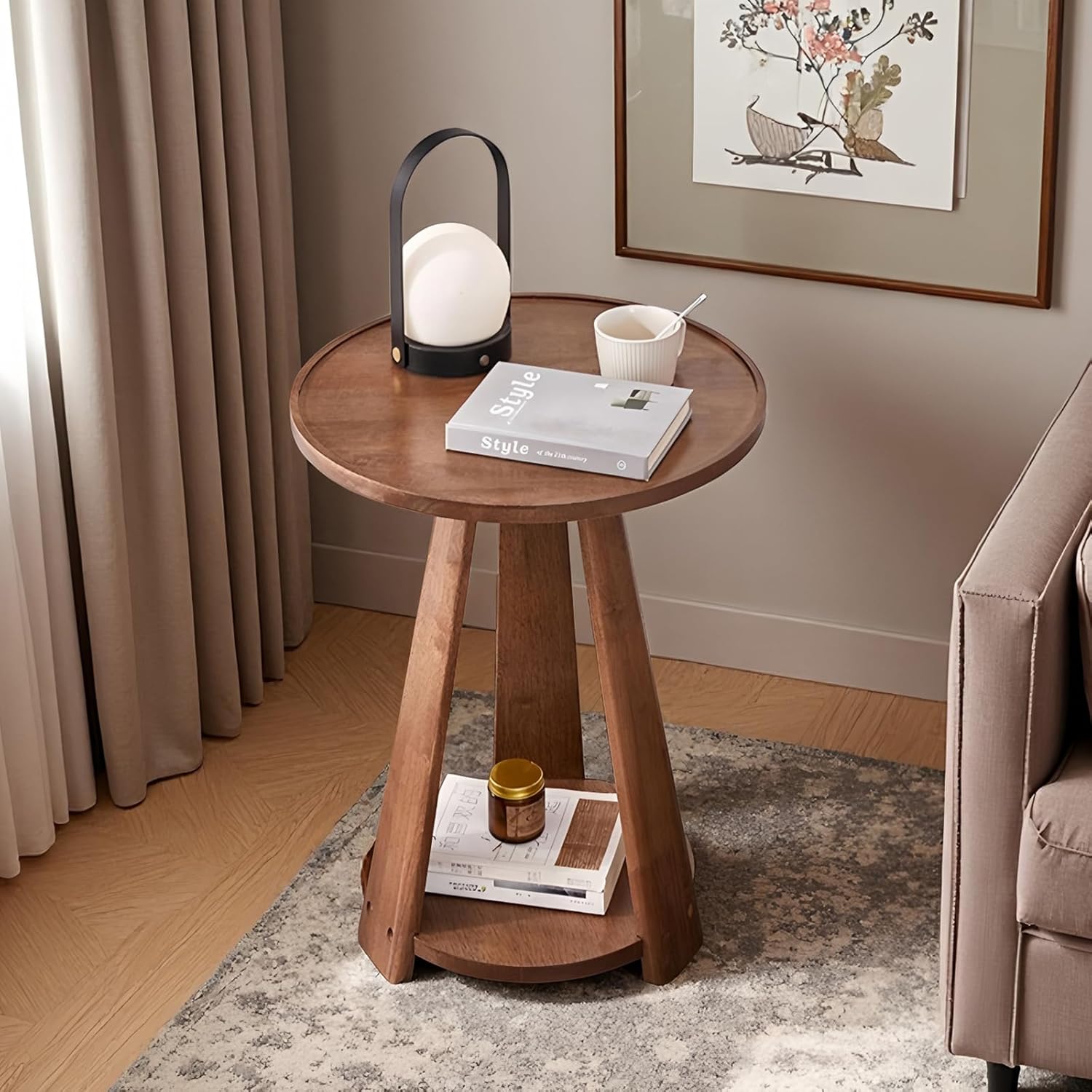 100% Solid Wood Round End Table, 2-Tier Side Table with Anti-Drop Tray Top, Sturdy Accent Nightstand for Living Room, Bedroom & Small Spaces, Space Saving Home Decor