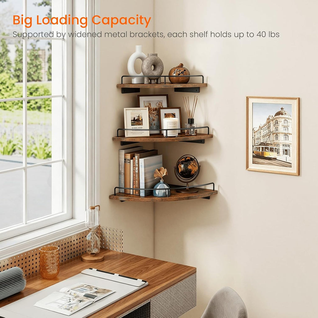 Homode Corner Shelf Wall Mounted Set of 3, Corner Floating Shelves 9/10/12 Inch Deep, Wood Round Corner Hanging Display Shelf with Guardrail for Bathroom Bedroom Kitchen Living Room, Rustic Brown