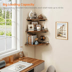 Homode Corner Shelf Wall Mounted Set of 3, Corner Floating Shelves 9/10/12 Inch Deep, Wood Round Corner Hanging Display Shelf with Guardrail for Bathroom Bedroom Kitchen Living Room, Rustic Brown