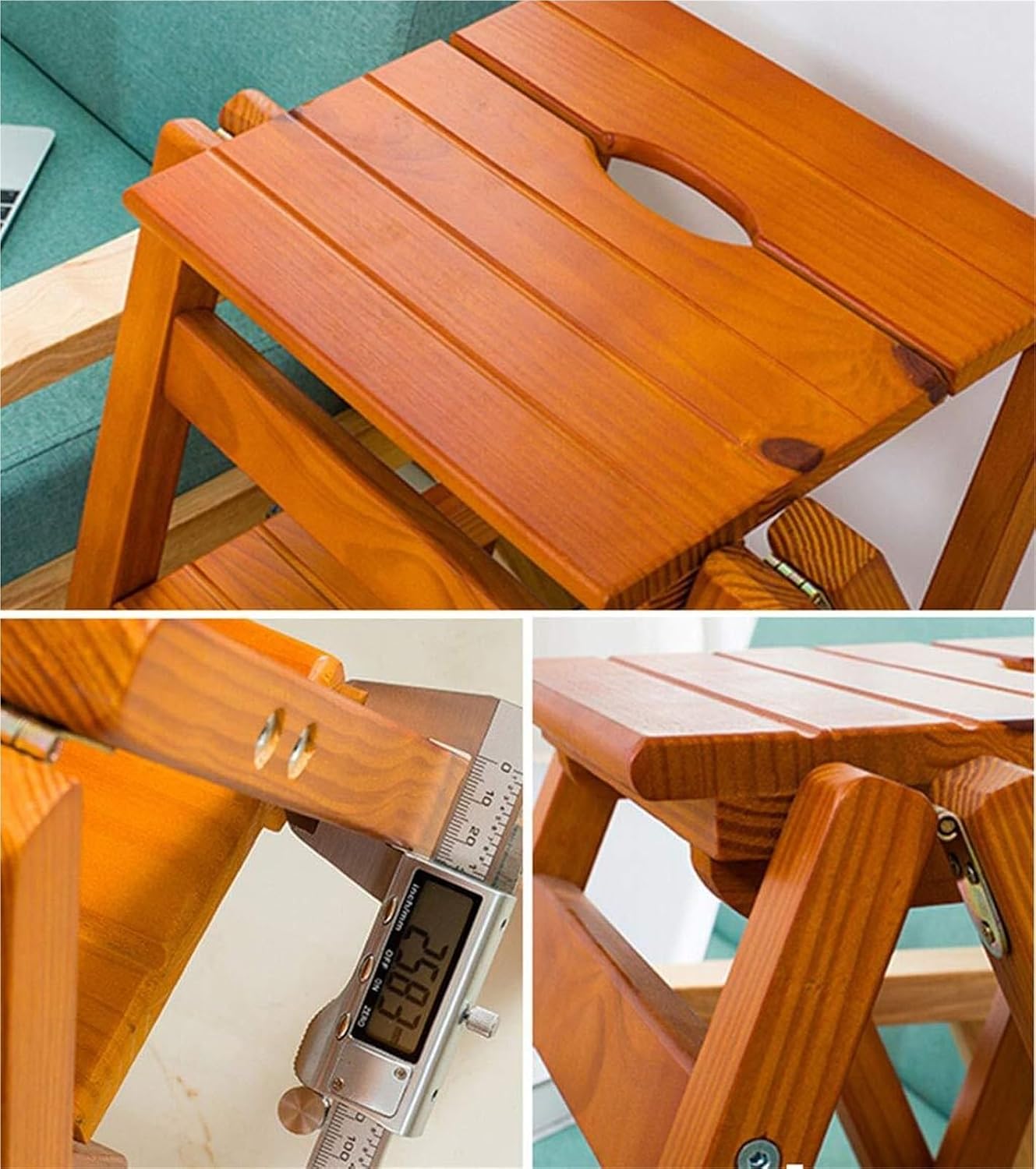 Step Stool Walnut Color 2/3/4-Step Wood Folding Step Stool Ladder - Lightweight Wide Tread Design for Home Library Loft Kitchen - 150kg Capacity(4 Steps)