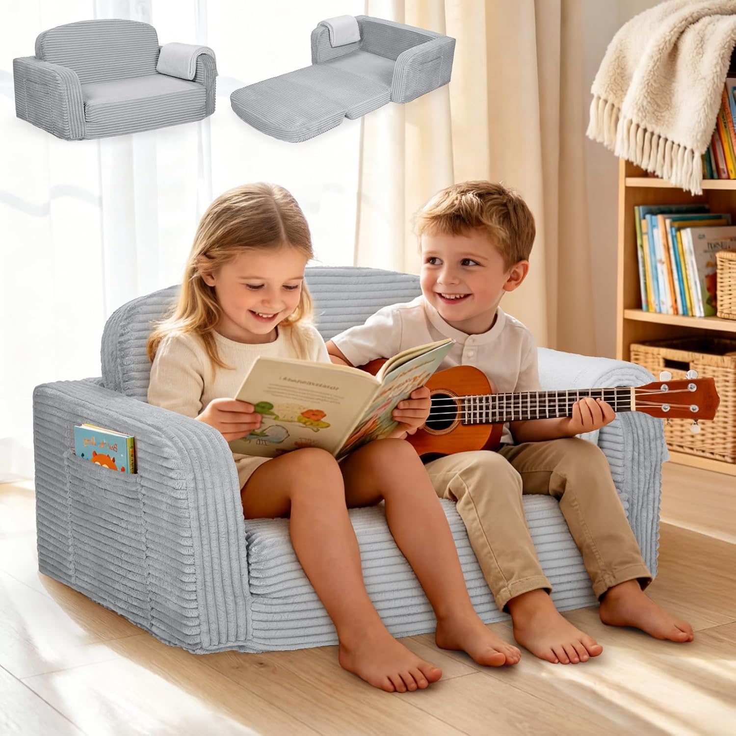 Extra Wide 2-in-1 Convertible Kids Couch | Large Corduroy Toddler Sofa Chair with Storage Pocket & Blanket | Foldable Foam Play Couch| Non-Toxic, for Boys & Girls, Grey