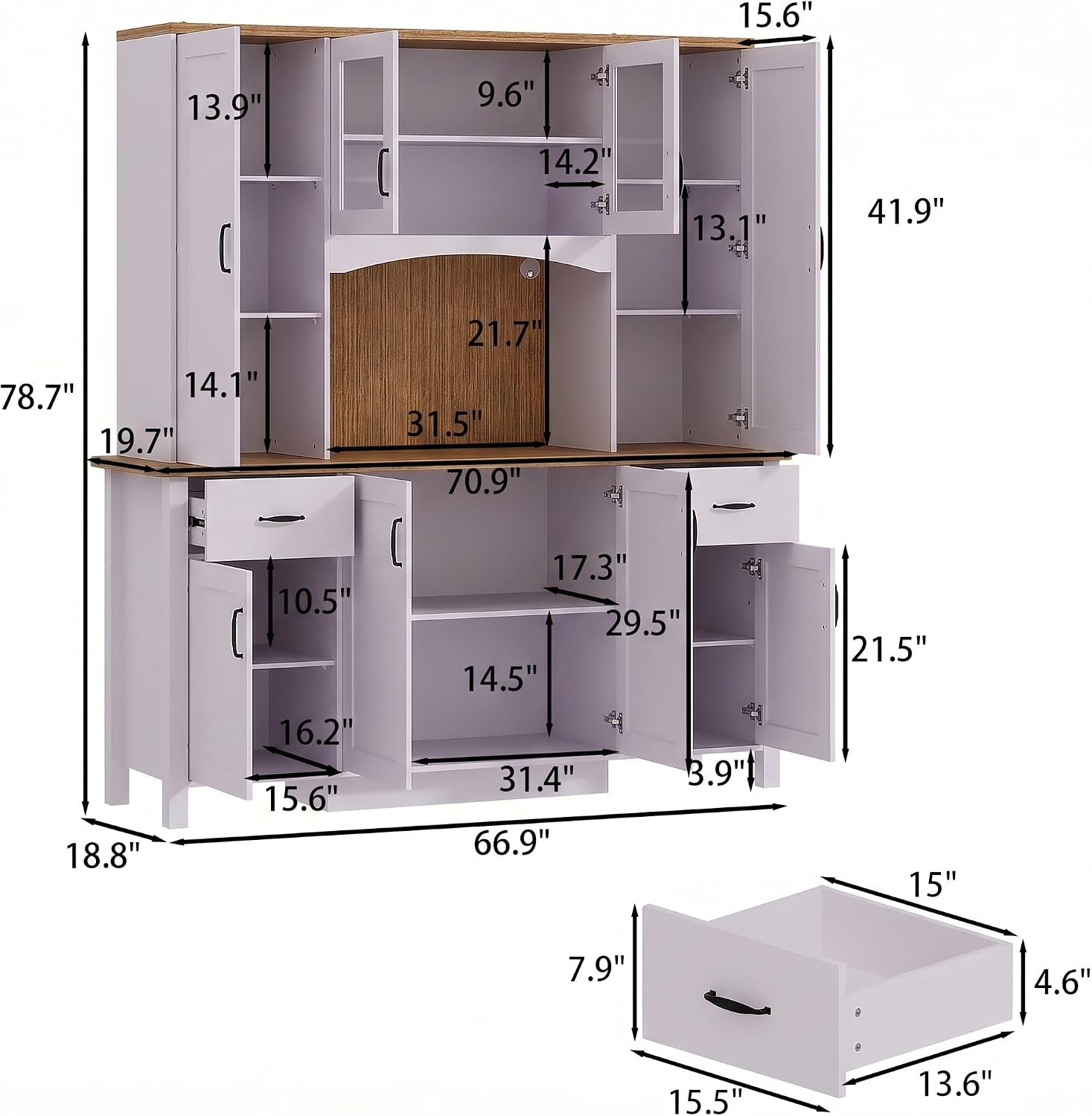 78.7” Farmhouse Kitchen Pantry Cabinet with Glass Doors & Hutch, Tall Pantry Storage Cupboard with 2 Drawers & Adjustable Shelf, Dining Room Home Bar, Purple & Brown, 66.9”W x 19.7”D x 78.7”H