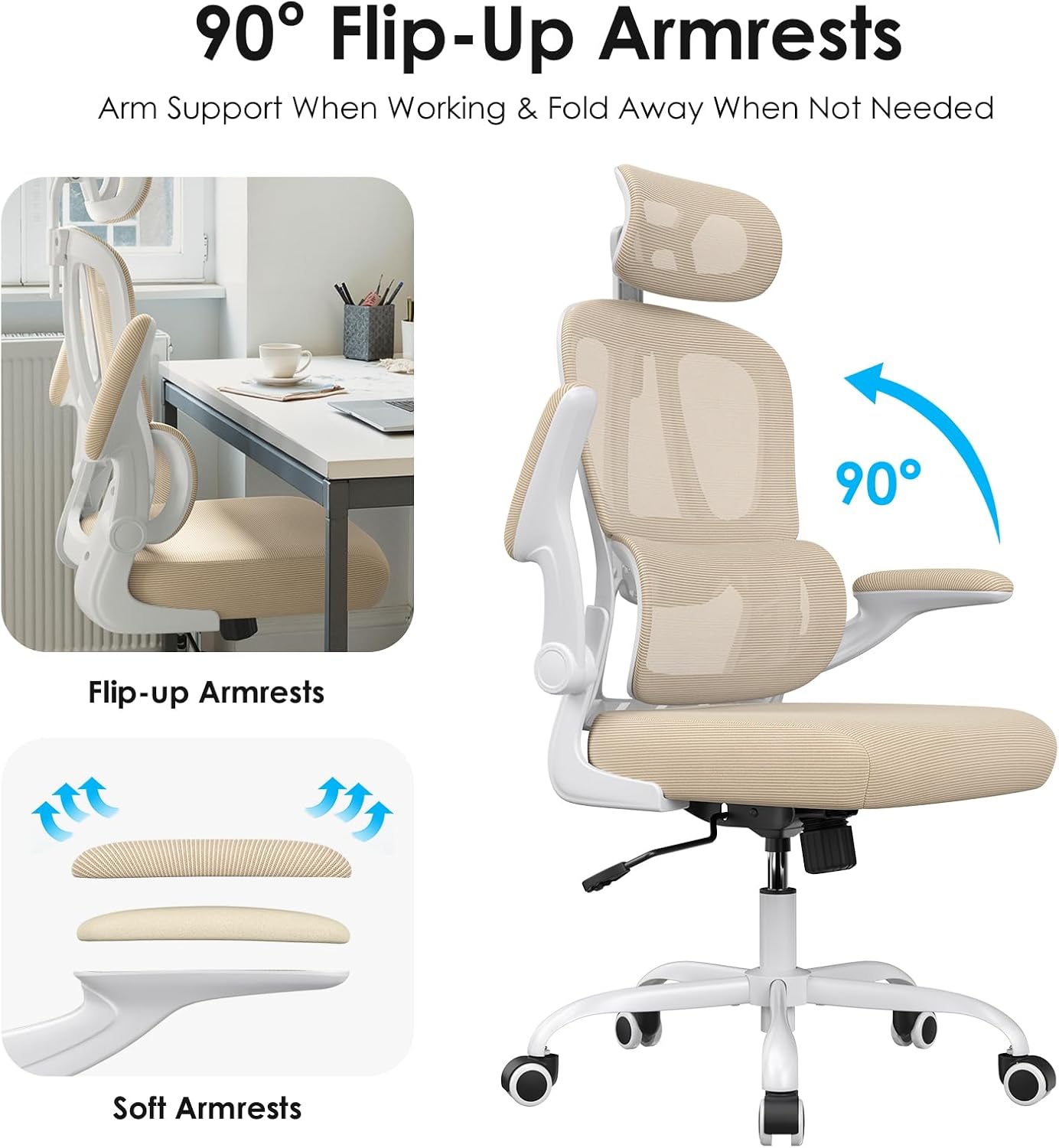Ergonomic Office Chair with Lumbar Support and Headrest, High Back Mesh Desk Chair with Flip-Up Armrests, 350lbs Capacity Swivel Computer Chair for Home Office, Bedroom (Khaki + White)