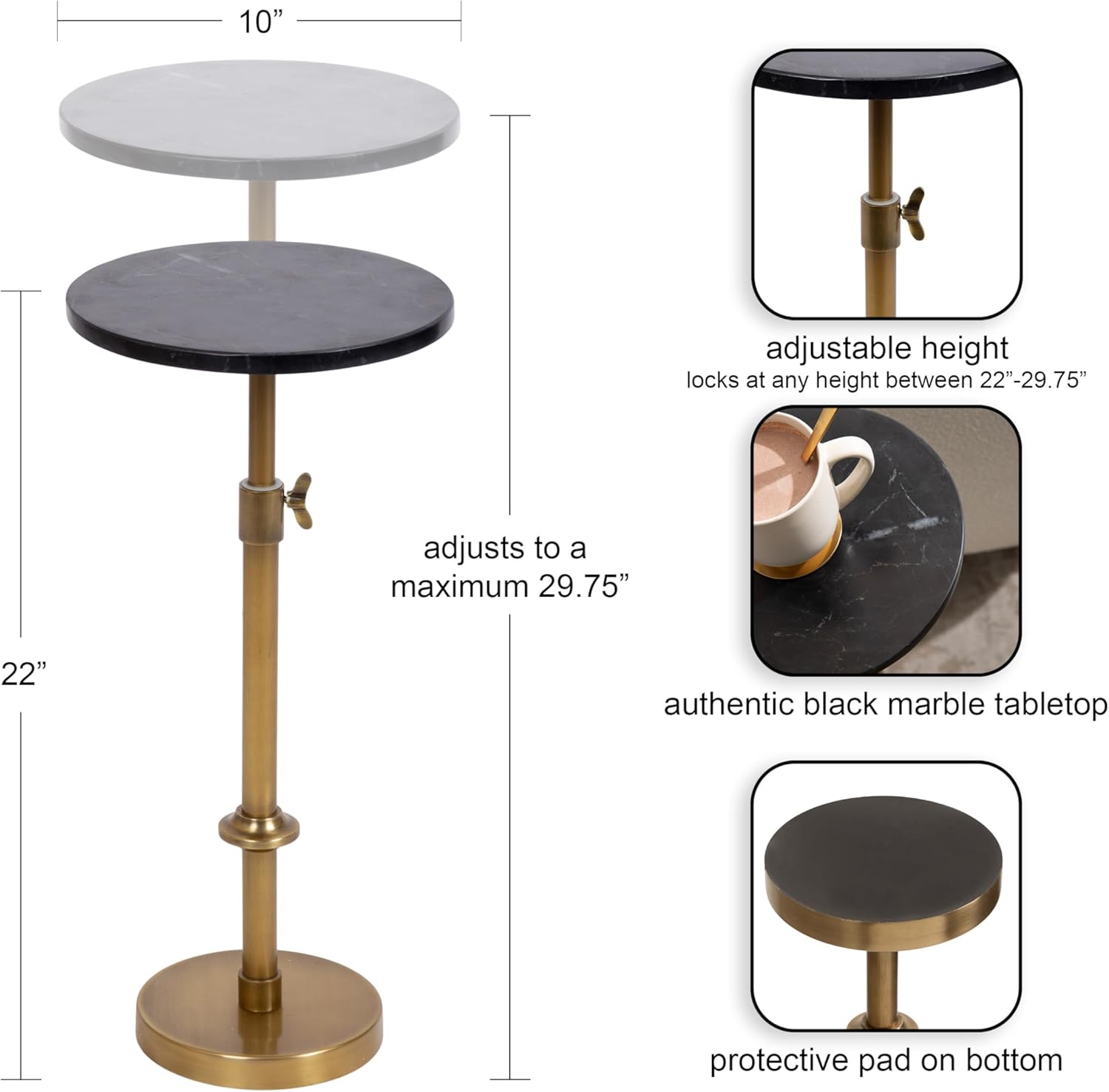 Kate and Laurel Engles Traditional Adjustable-Height Pedestal Drink Table, 10 x 10 x 30, Black Marble and Antique Brass, Vintage Round Indoor Metal Plant Stand with Authentic Marble Tabletop