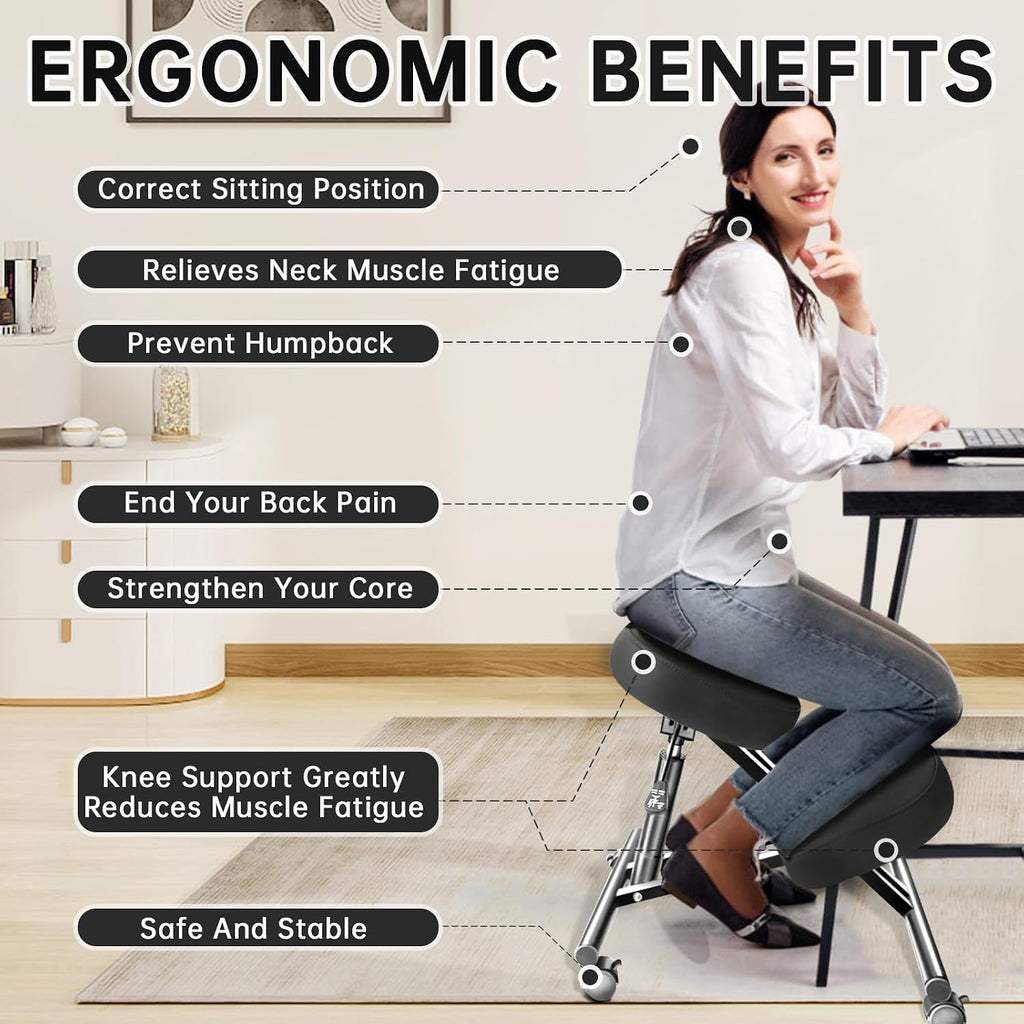 PU Leather Ergonomic Kneeling Chair, Adjustable Home and Office Stool with Thick Pads and Flexible Lockable Brake Wheels for Back Pain Relief (Light Black)