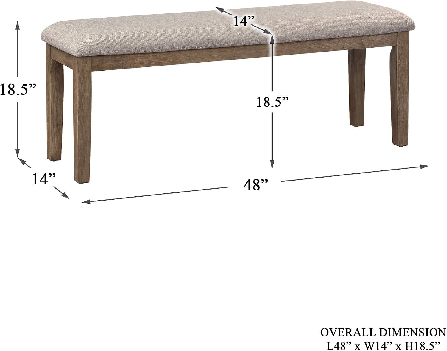 Homelegance Blair Upholstered Dining Bench, 48" W Entryway Bench, Sturdy Solid Wood Frame, Wire Brush Brown Finish, Comfortable Cushion Seat, Easy Assembly, Modern & Traditional, Gray/Brown