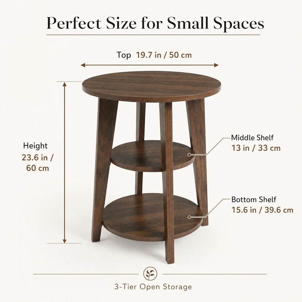 3-Tier Round Side Table,23.6" Tall End Table with Storage Shelves-Modern Nightstand,Wood Plant Stand for Living Room Bedroom Small Spaces Corner Display Rack Balcony Garden Patio(Walnut)