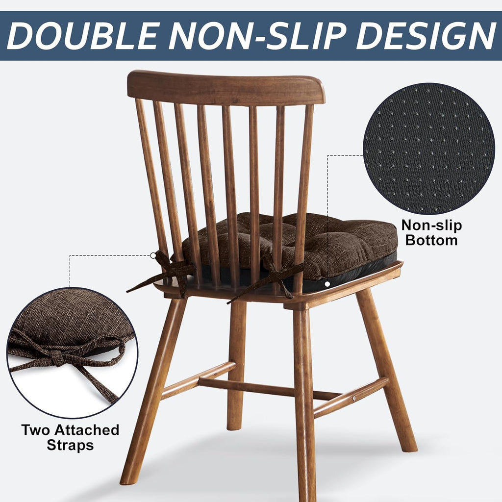 Basic Beyond Chair Cushions for Dining Chairs 6 Pack, Kitchen Chair Cushion with Ties and Non Slip Backing, 15.5 x 15.5 inches Tufted Chair Pads for Dining Chairs, Brown