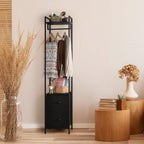 smusei Clothes Rack 3 Tiers Heavy Duty Coat Rack with 2 Fabric Drawers and Storage Shelves Freestanding Cloth Hanger Garment Rack for Bedroom Entryway Living room Black