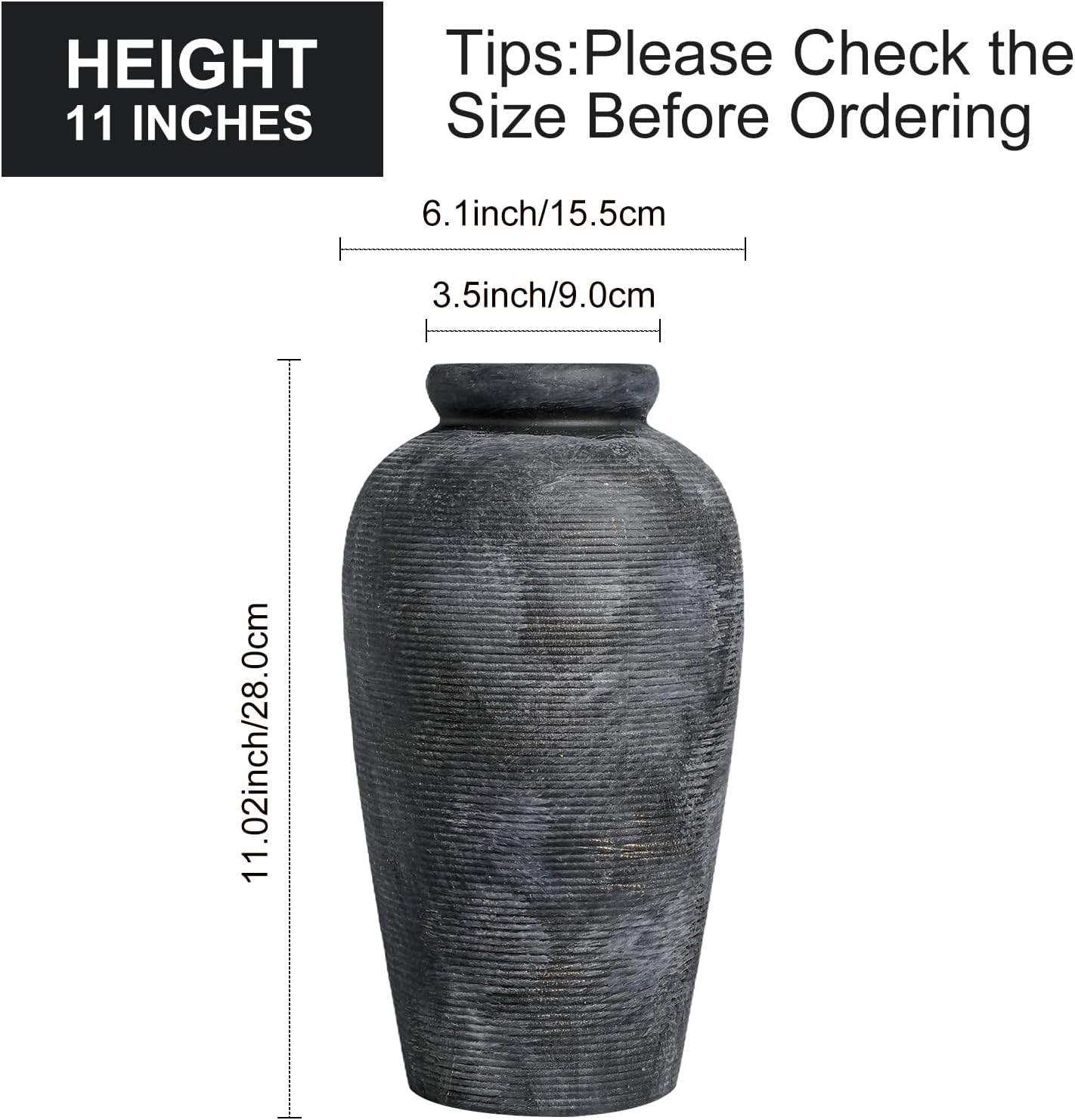 Rustic Vase, 11 inch Large Terracotta Flower Vase, Farmhouse Ceramic Pottery, Distressed Farmhouse Decor for Living Room, Shelf, Entryway, Room Decor, Black Bronze