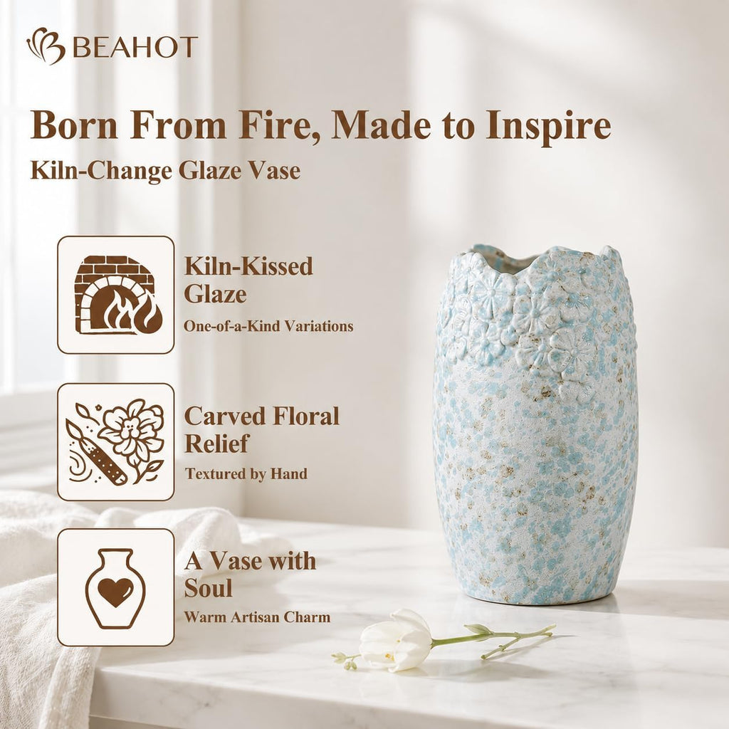 BEAHOT Ceramic Vases Set of 3 – 6.7-inch Handmade Blue & White Pottery Trio with Speckled Glaze – Decorative Flower Vases Home Decor for Table Mantel Entryway Shelf Living Room Kitchen Bathroom
