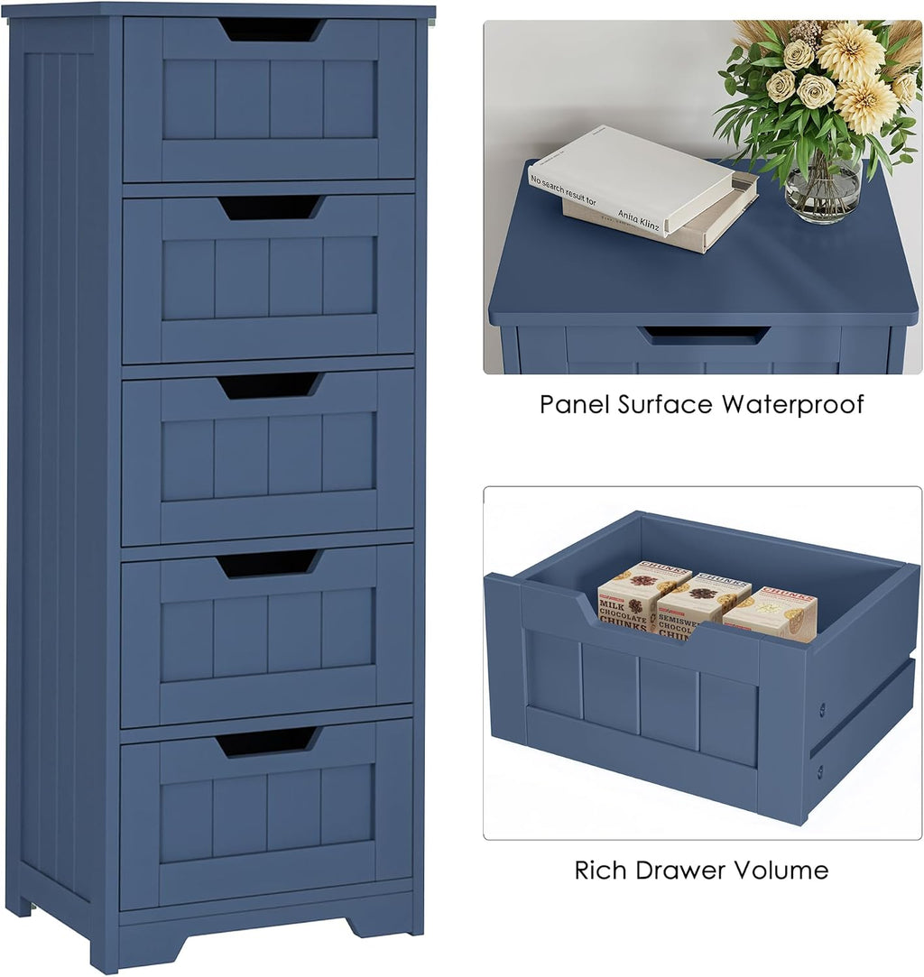 TTVIEW Bathroom Cabinet, Bathroom Storage Cabinet with 5 Drawers, Bathrooms Organizers and Storage, Bathrooms Floor Cabinets with Anti-Tipping Device for Hallway, Blue