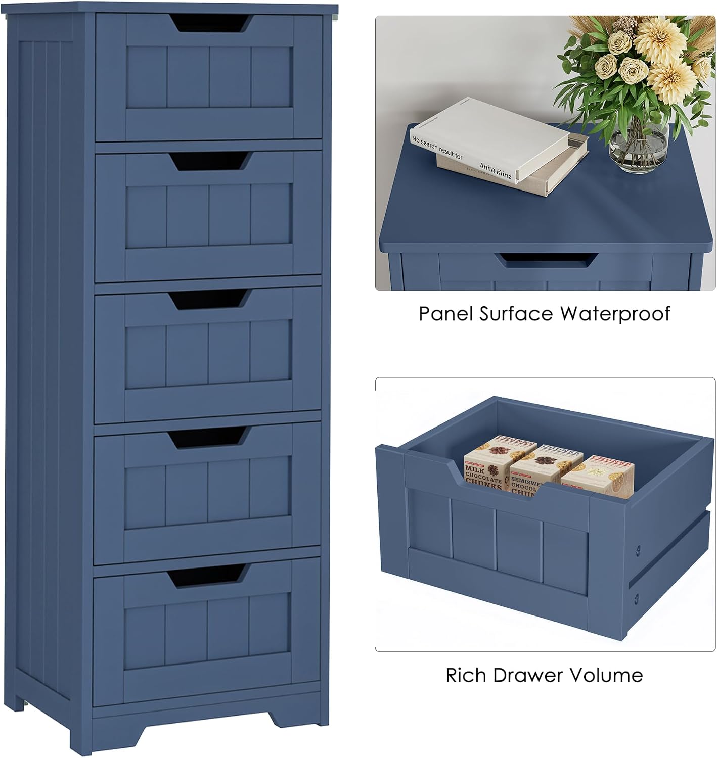 TTVIEW Bathroom Cabinet, Bathroom Storage Cabinet with 5 Drawers, Bathrooms Organizers and Storage, Bathrooms Floor Cabinets with Anti-Tipping Device for Hallway, Blue
