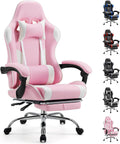 Sweetcrispy Computer Video Game Desk Chair - Ergonomic Comfy Lumbar Support with Footrest, PU Leather Recliner with Headrest, Fixed Up Armrest, Height Adjustable and 360° Swivel, for Adults, Pink