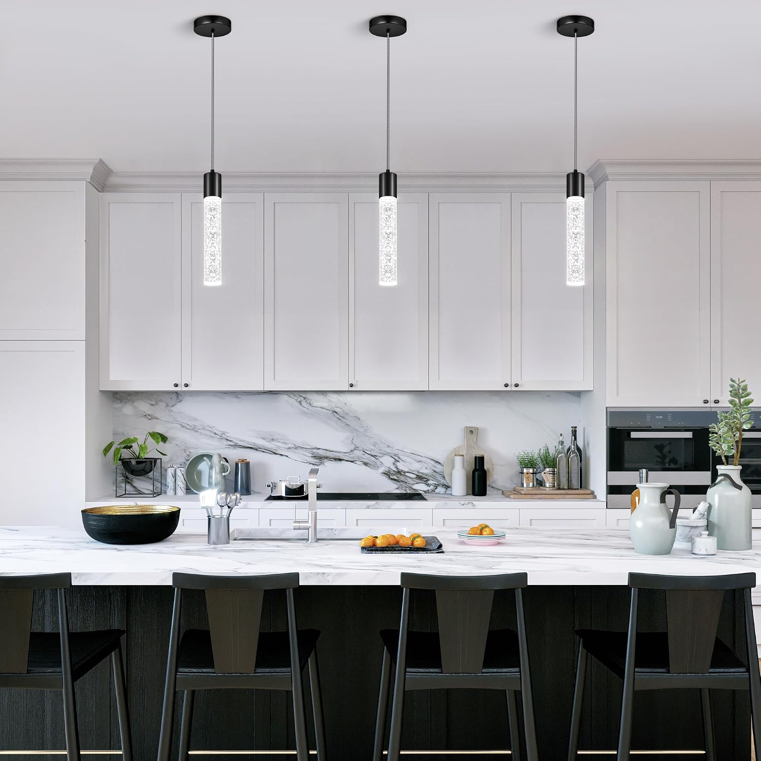Pendant Lights Kitchen Island, 6500K Modern Kitchen Island Lights Brushed Black, 3 Pack Ceiling Lighting Fixtures with Crystal Bubble, Integrated LED Hanging Light for Dining Room Restaurant