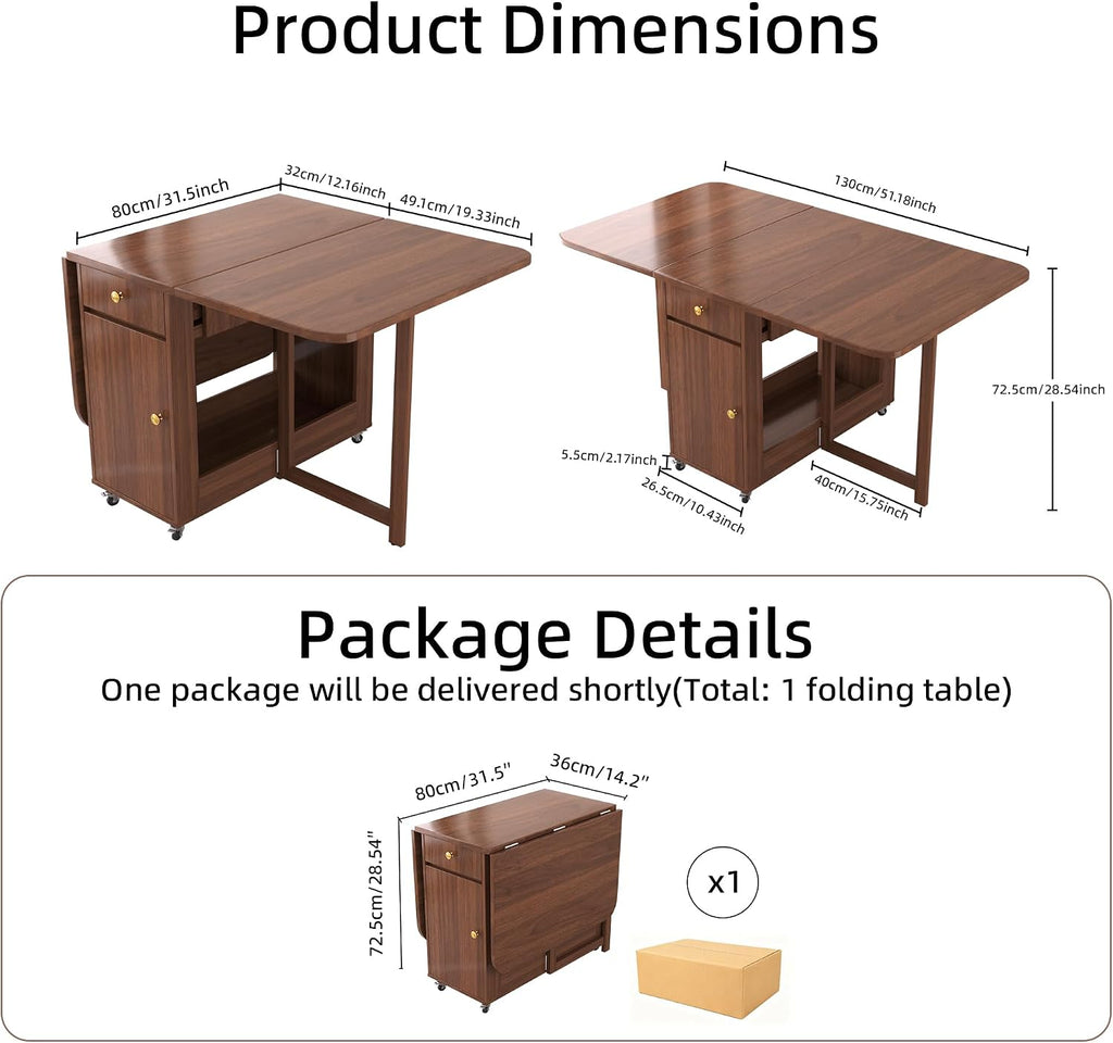 Small Folding Dining Table - 51" Fully Assembled Drop Leaf Table 4-6 Seater with Storage and Lockable Wheels, Space-Saving for Kitchen or Dining Room (Walnut)
