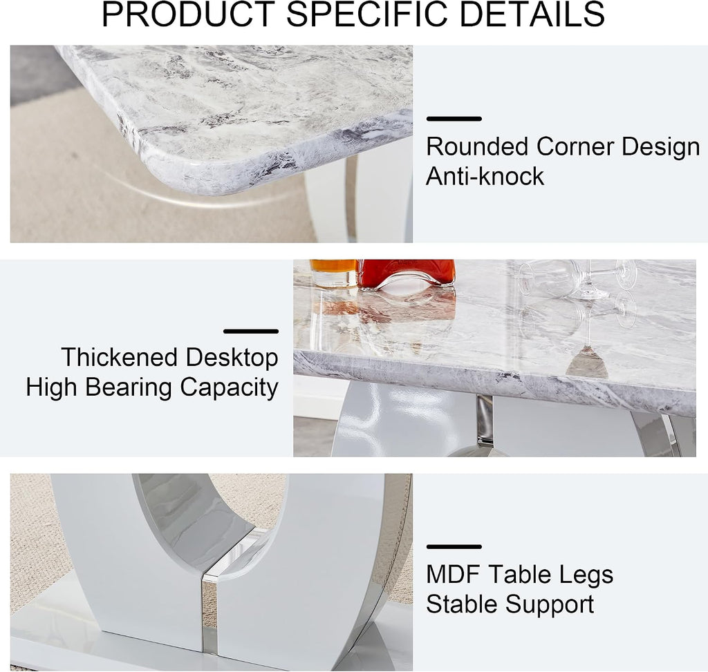 7 Piece Marble Dining Table Set for 6,Counter Height Dining Table Set,63" Dining Room Table with 6 Light Grey Leather Barstools,Bar Height Table and Chairs Ideal for Pub Kitchen
