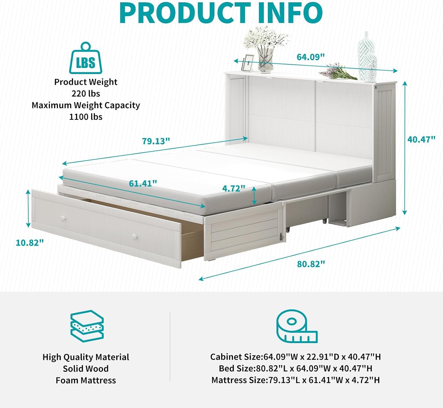 BALUS Queen Murphy Bed, Cabinet Murphy Bed with 2 Storage Drawers-White | USB Charing Station, Spacious Drawer, Space Saving, Queen Bed Frame