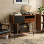 Large Mid Century Modern Record Player Stand with Vinyl Storage Holds Up to 200 Albums - Walnut Console Table for Turntables, Living Room, and Entryway | Record Player Table