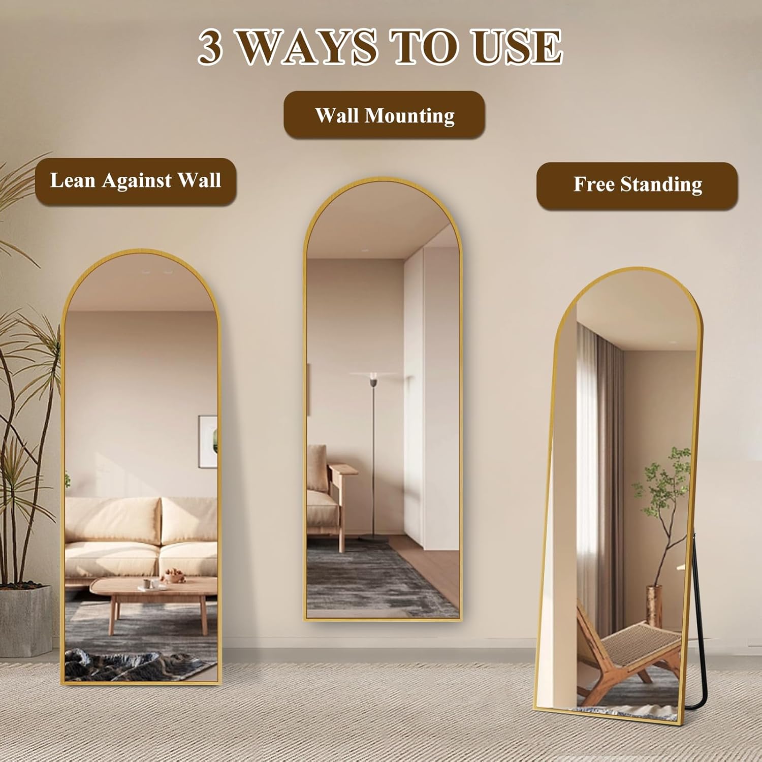 57"x19" Full Length Mirror, Arched Full Body Standing Mirror, Leaner Floor Mirror, Anti-Shatter Glass & Thin Alloy Frame, for Bedroom Living Room Entryway, Gold