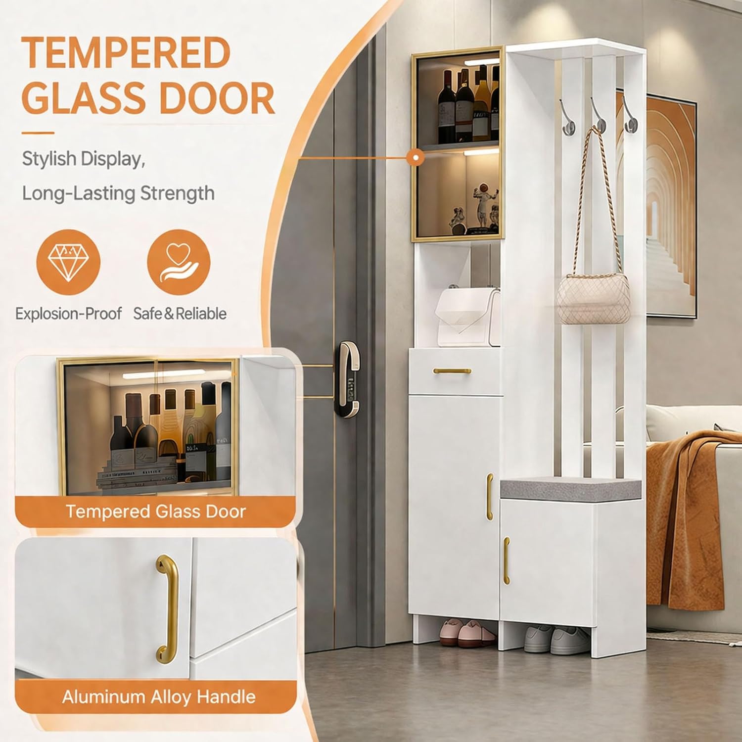 Wall Room Divider with Storage, 78.7" Tall Entryway Hall Tree Room Partition with Shoe Cabinet,Freestanding Wood Privacy Screen with Coat Rack, Bench & Glass Display(White+Left Side,80cm/31.5in)