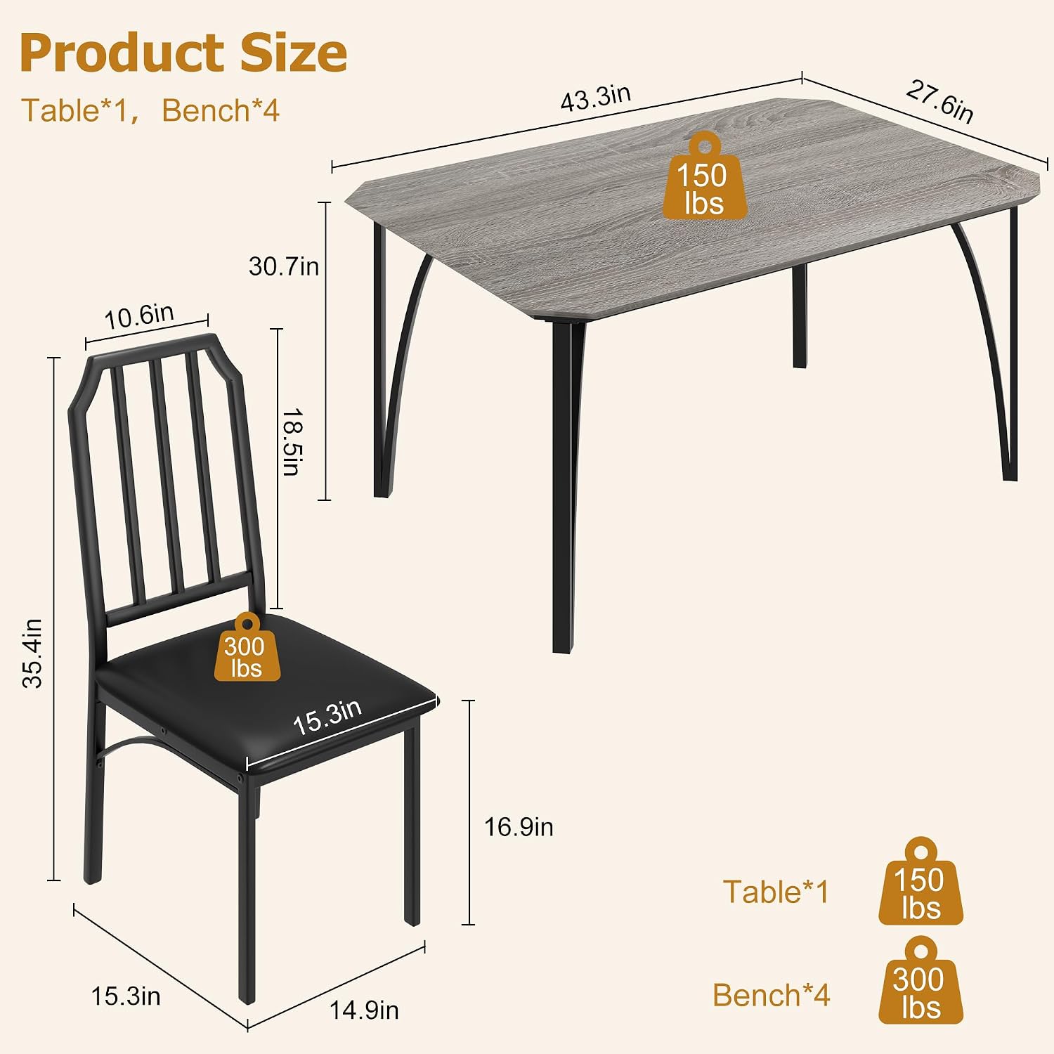 GAOMON 5-Piece Dining Table Set for 4, Modern Kitchen Table with Chamfered Design and Upholstered Chairs, Leather-Cushioned Seats for Small Spaces and Apartments, Space-Saving (Gray/Black,5 Pack)