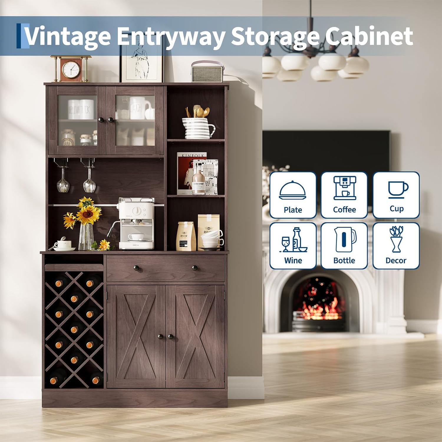 72" Tall Kitchen Pantry Cabinet with Power Outlet & Wine Rack - Farmhouse Sliding Barn Door Coffee Bar Cabinet with Storage Drawers & Adjustable Shelves, Sideboard Buffet for Dining Room, Home Bar