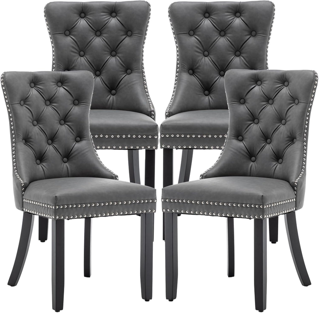 Leather Dining Chairs Set of 4, Upholstered Dining Room Chairs with Nailhead Trim, Sillas de Comedor Modernas 4, Wooden Kitchen Chairs for Dining Room, Living Room, Kitchen, Bedroom, Grey