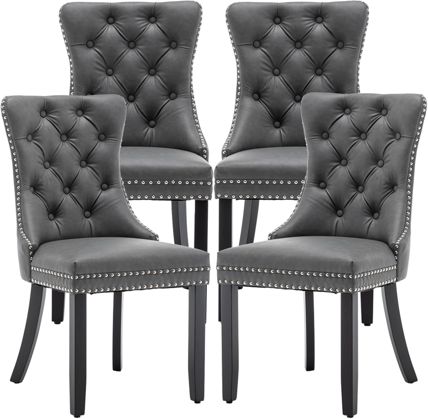 Leather Dining Chairs Set of 4, Upholstered Dining Room Chairs with Nailhead Trim, Sillas de Comedor Modernas 4, Wooden Kitchen Chairs for Dining Room, Living Room, Kitchen, Bedroom, Grey