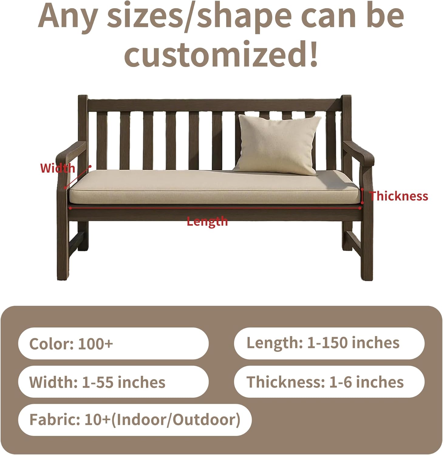 Waterproof Custom Size Bench Cushions for Indoor Outdoor Furniture, Bay Window Seat Cushions Indoor, Custom Cushions for Breakfast/Reading Bench Nook/Dining Entryway Mudroom Bench, Anti-Slip/Scratch