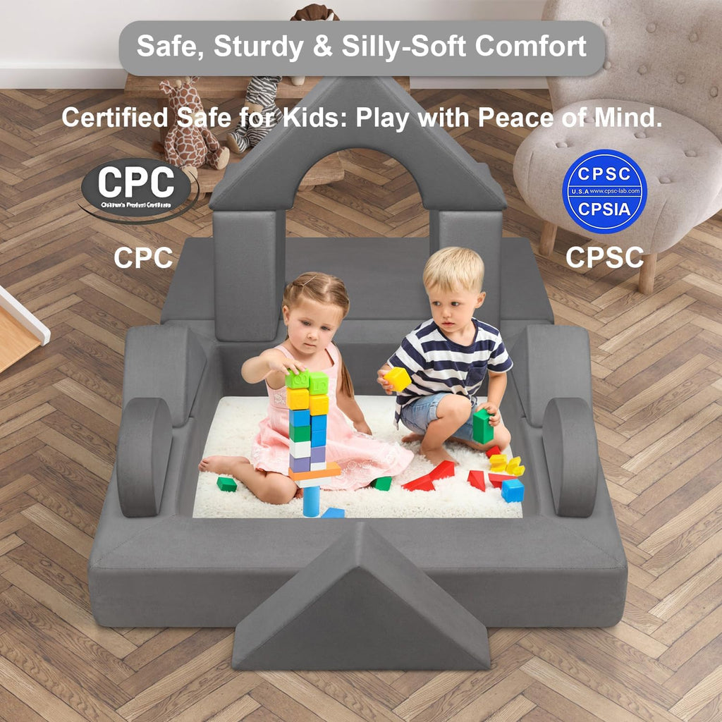9pcs Modular Kids Play Couch, Toddler & Child Sectional Sofa, Convertible Foam and Floor Cushion for Boys and Girls, Foldable Playroom Bedroom Furniture, Gray