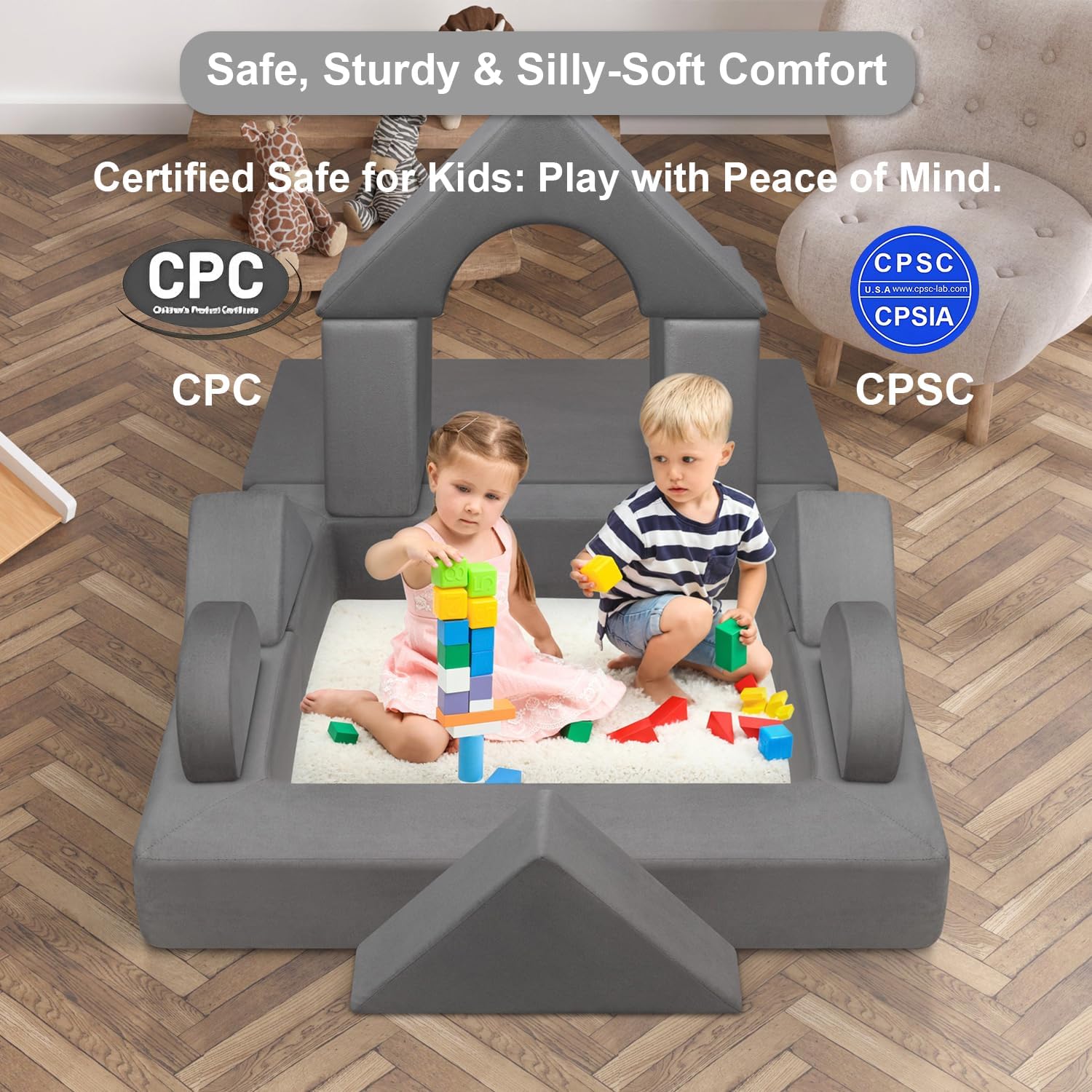 9pcs Modular Kids Play Couch, Toddler & Child Sectional Sofa, Convertible Foam and Floor Cushion for Boys and Girls, Foldable Playroom Bedroom Furniture, Gray
