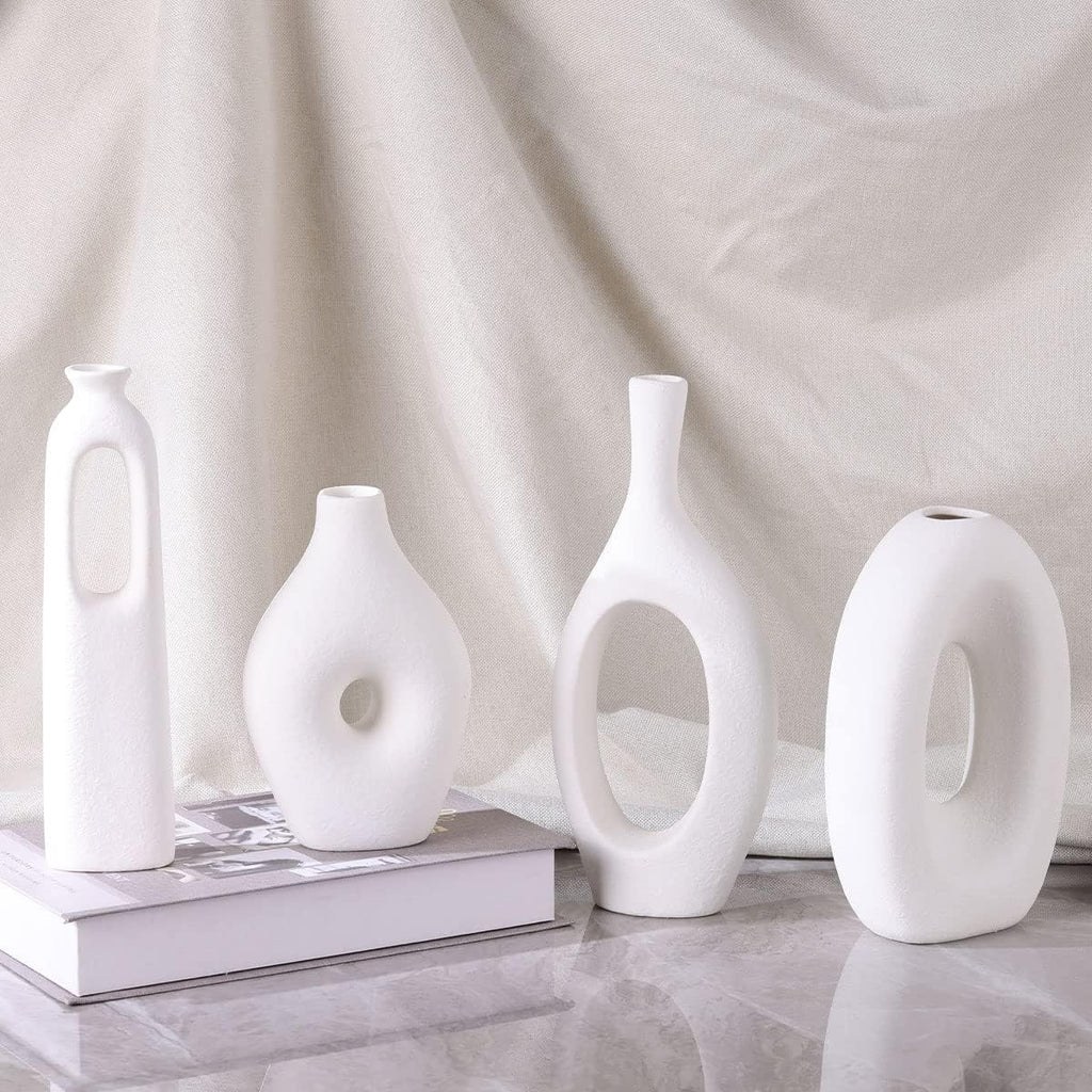 White Ceramic Vase Set of 4 - Round Hollow Boho Vases for Pampas Grass and Flowers Decor, Modern Minimalist Small Vases for Living Room, Bedroom, Fireplace, Coffee Table Decor and Centerpieces