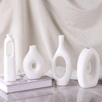 White Ceramic Vase Set of 4 - Round Hollow Boho Vases for Pampas Grass and Flowers Decor, Modern Minimalist Small Vases for Living Room, Bedroom, Fireplace, Coffee Table Decor and Centerpieces